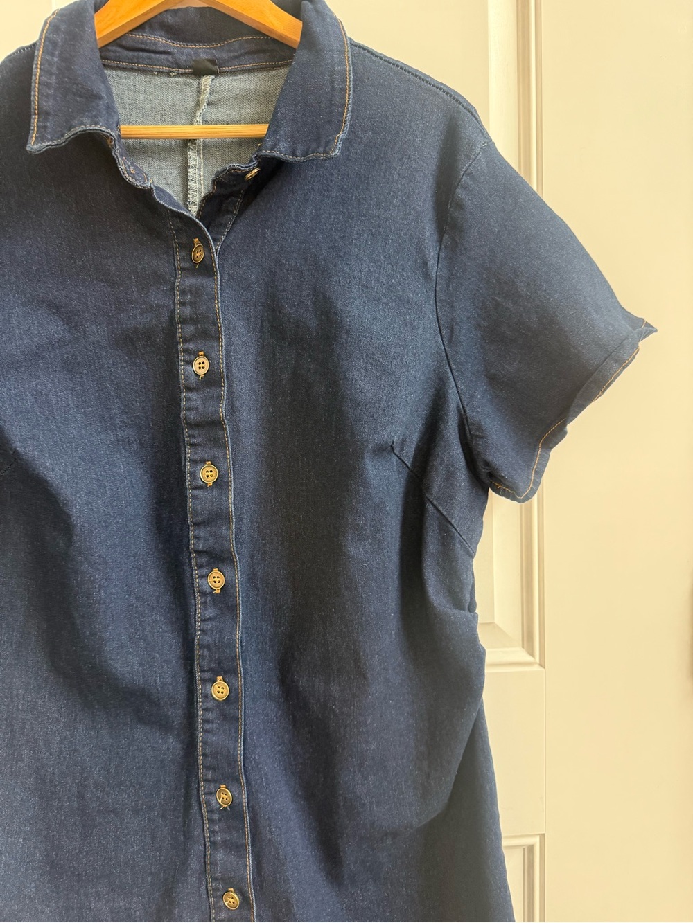 Casual Dark Blue Denim Button-Front Fitted Midi Shirt Dress Chic Minimal Western - Picture 3 of 5